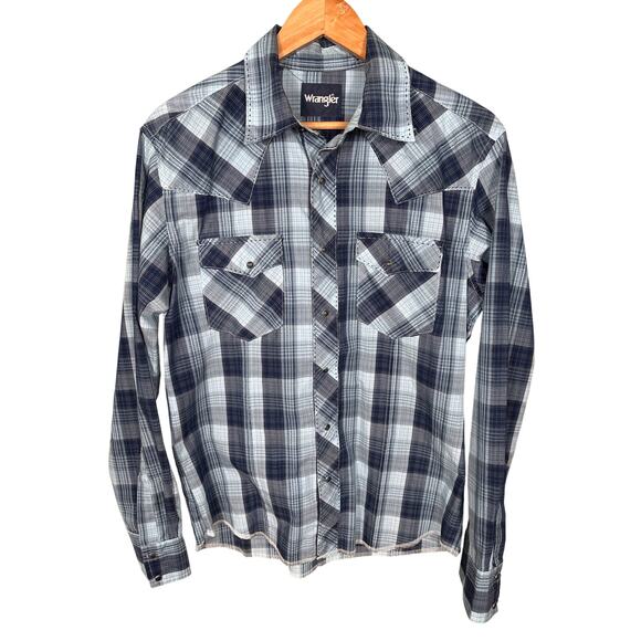 Wrangler Shirt Men's Medium Blue Plaid Pearl Snap Button Long Sleeve Western - Picture 1 of 11